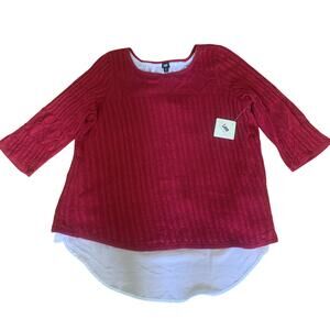 NWT LEE‎ WOMEN'S RED SPLIT BACK BELL SLEEVE SWEATER WITH WHITE SHIRT UNDERLAY 3X